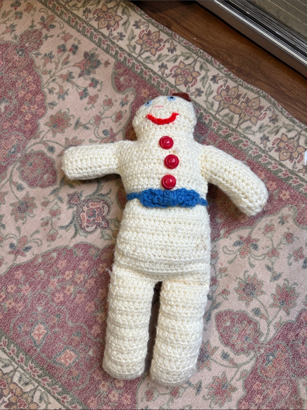 Vintage Cream Crocheted Doll with Blue Belt and Red Buttons cuttest gingerbread